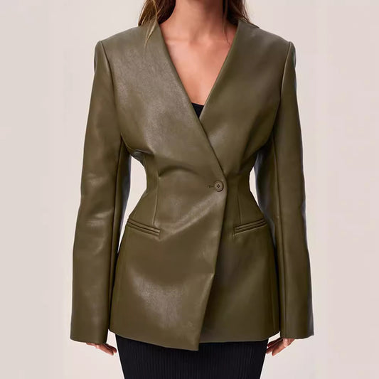 Fashionable Elegant Green V-neck Slim Suit Leather Coat - D&A