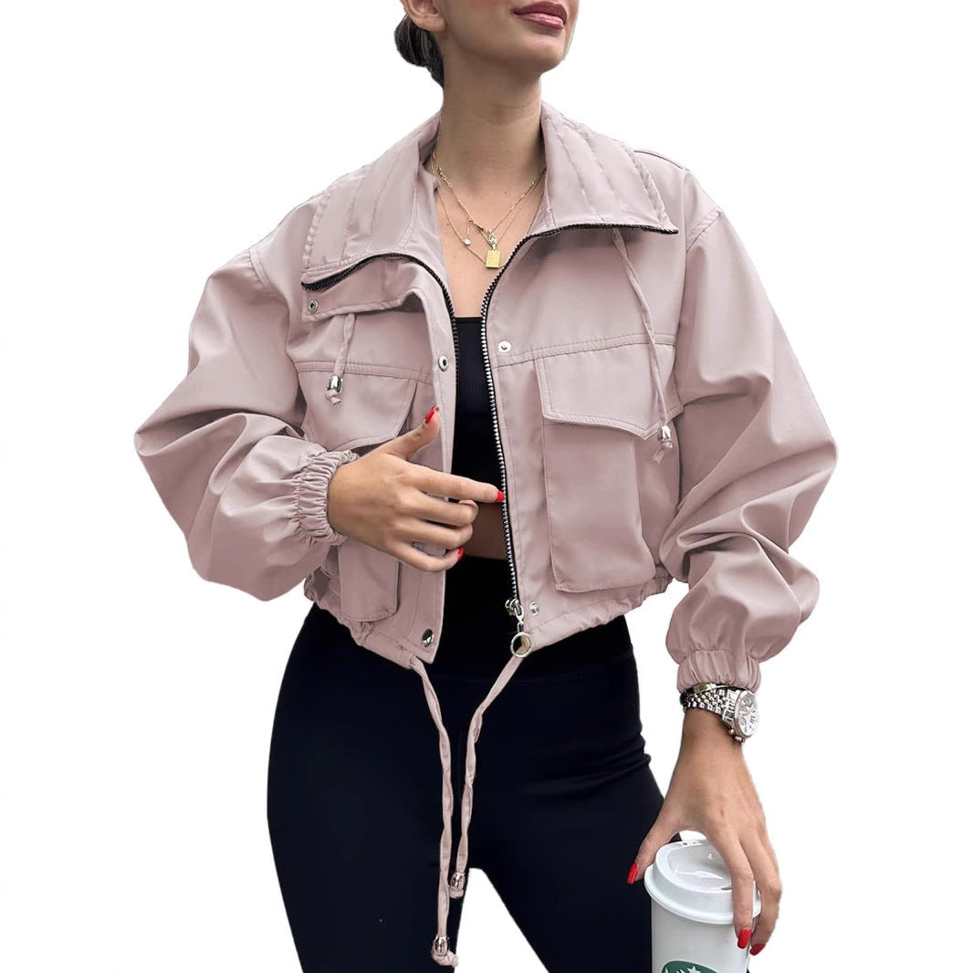 Solid Color Women's Short Jacket Zipper Trench Coat - D&A