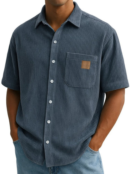 Versatile Leisure Corduroy Leather Sticker Pocket Short Sleeve Shirt Navy Blue - D&A