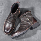 Retro Round Toe PU Leather Side Zipper Martin Chunky Heel Ankle Boots - D&A