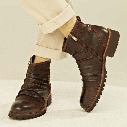 Retro Round Toe PU Leather Side Zipper Martin Chunky Heel Ankle Boots - D&A
