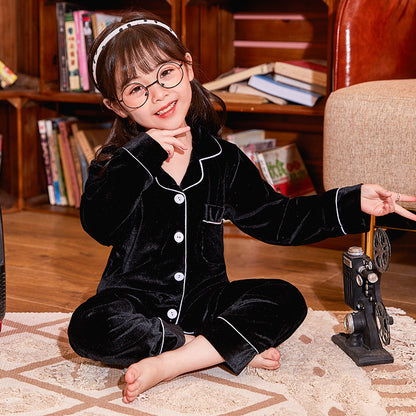 Children's Gold Velvet Solid Color Pajamas Set Black - D&A