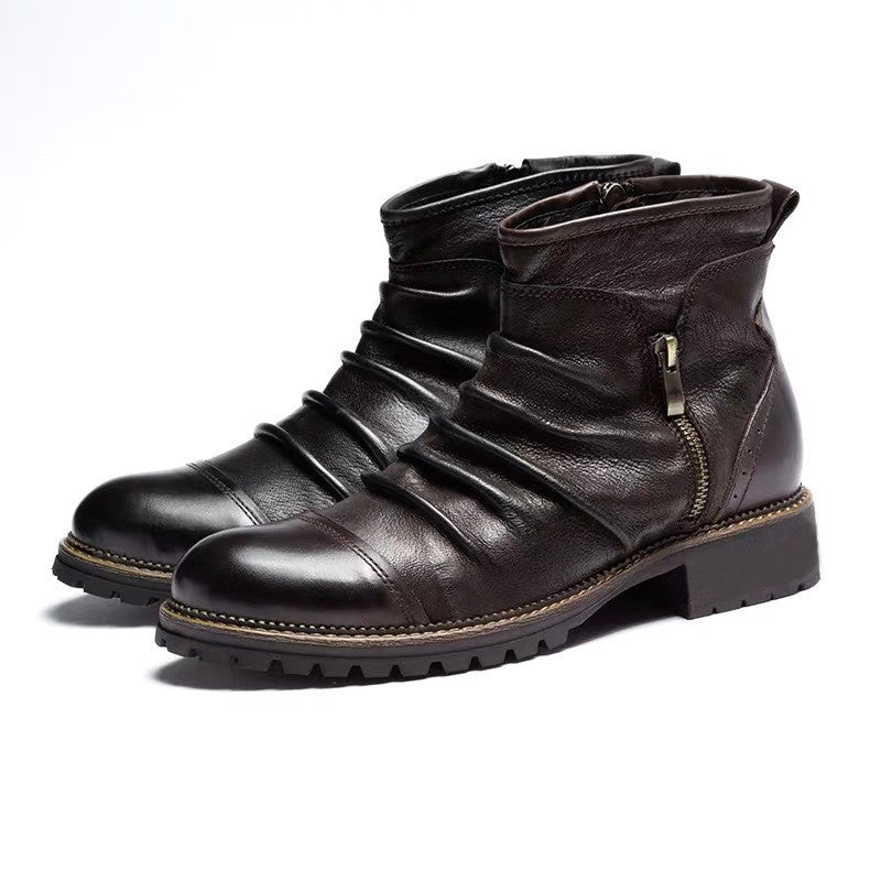 Retro Round Toe PU Leather Side Zipper Martin Chunky Heel Ankle Boots - D&A
