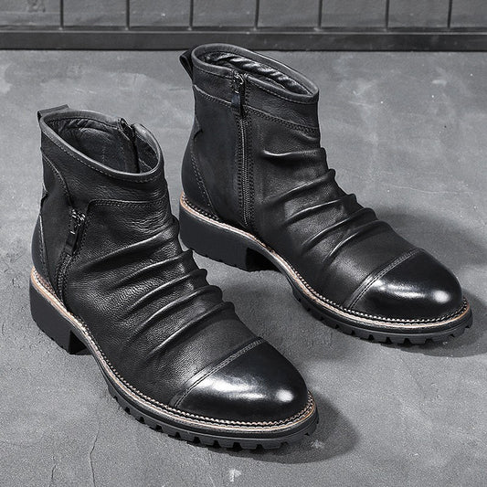 Retro Round Toe PU Leather Side Zipper Martin Chunky Heel Ankle Boots - D&A