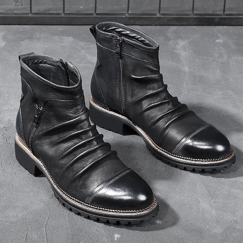 Retro Round Toe PU Leather Side Zipper Martin Chunky Heel Ankle Boots Black - D&A