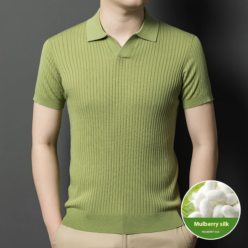 Mulberry Silk T-shirt Men's Short-sleeved Lapel High-end Casual Business Green - D&A