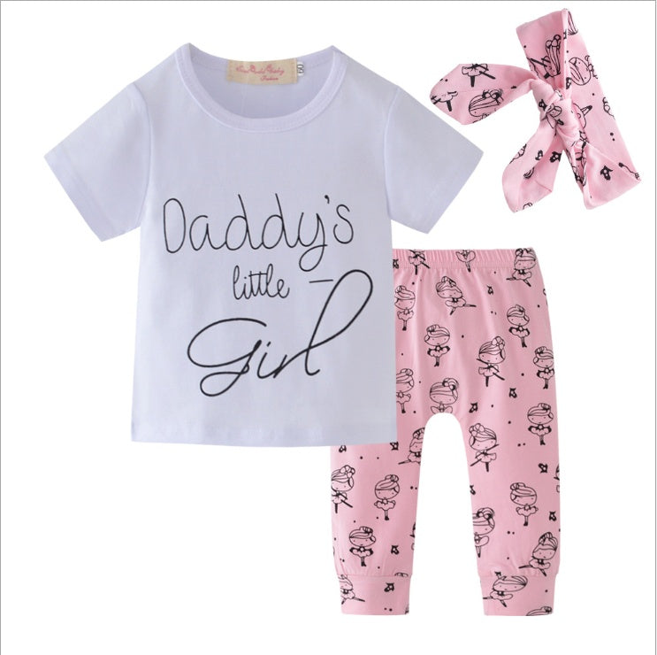 Infant Baby Girls Clothes Daddy's Little Girl T-shirt Cartoon Pants Headband Toddler Outfits Clothing Set Short sleeve - D&A