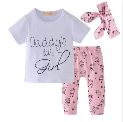 Infant Baby Girls Clothes Daddy's Little Girl T-shirt Cartoon Pants Headband Toddler Outfits Clothing Set Short sleeve - D&A