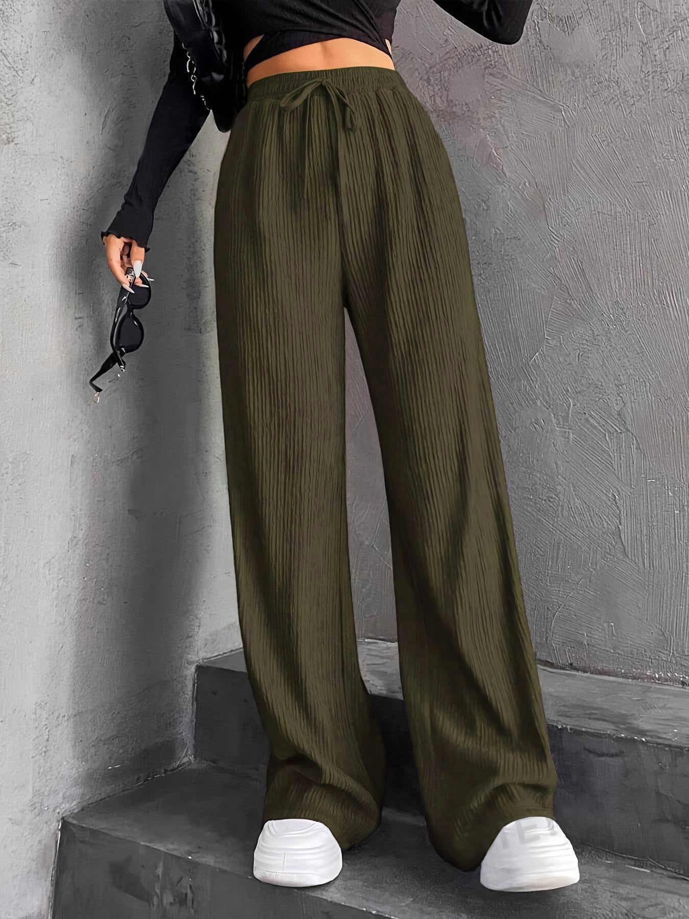 New Women's Elastic Waist Pinstripe Road Straight Wide Leg Army Green - D&A