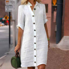 Women's Solid Color Shirt Collar Mid-Sleeve Dress With Oversized Buttons - Simple & Elegant Spring&Summer Dress