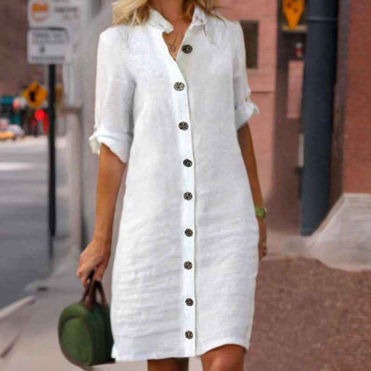 Women's Solid Color Shirt Collar Mid-Sleeve Dress With Oversized Buttons - Simple & Elegant Spring&Summer Dress