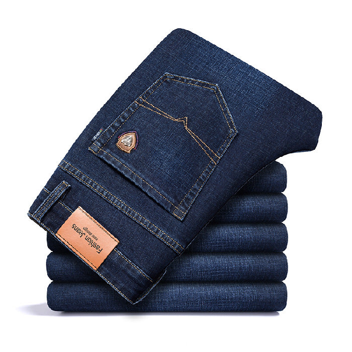 Men's Jeans Straight Loose Elastic Business Trousers Dark Blue - D&A