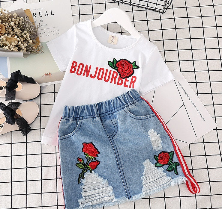Kids Clothes White T-shirt Denim Skirt 2pcs Girls Suits Red letters - D&A