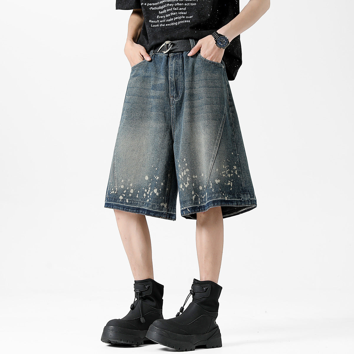 Retro Washed Ripped Splash Ink Five Points Denim Men's Shorts Retro Blue - D&A