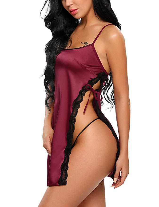 silk sexy lingerie nightdress Wine Red - D&A