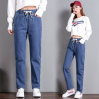 Korean Style Women's Straight Casual Elastic Waist Tied High Waist Student Jeans - D&A