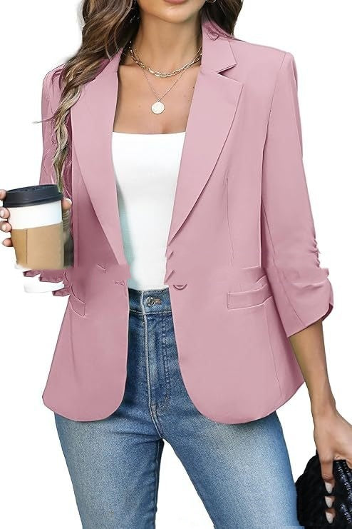 Solid Color Lightweight Slim Suit Jacket Pink - D&A