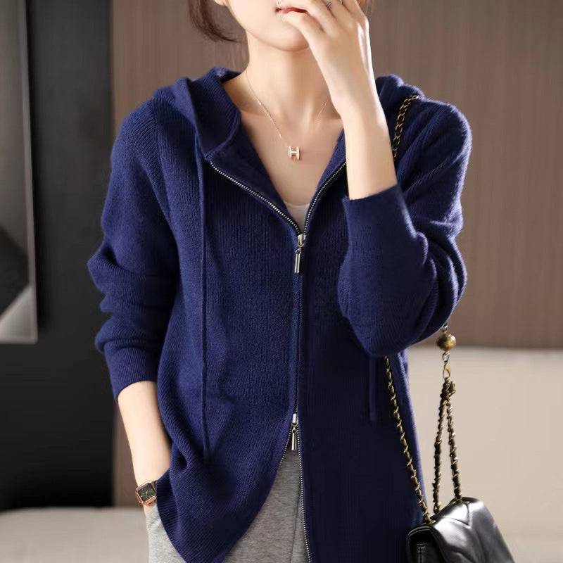 Double-headed Zipper Hooded Knit Women's Cardigan Coat Navy Blue Free Size - D&A