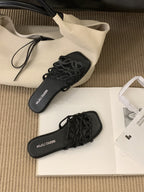 Summer Roman Style Hollow-out Slippers Flat All-match Vacation Style Beach Slippers Women Black - D&A