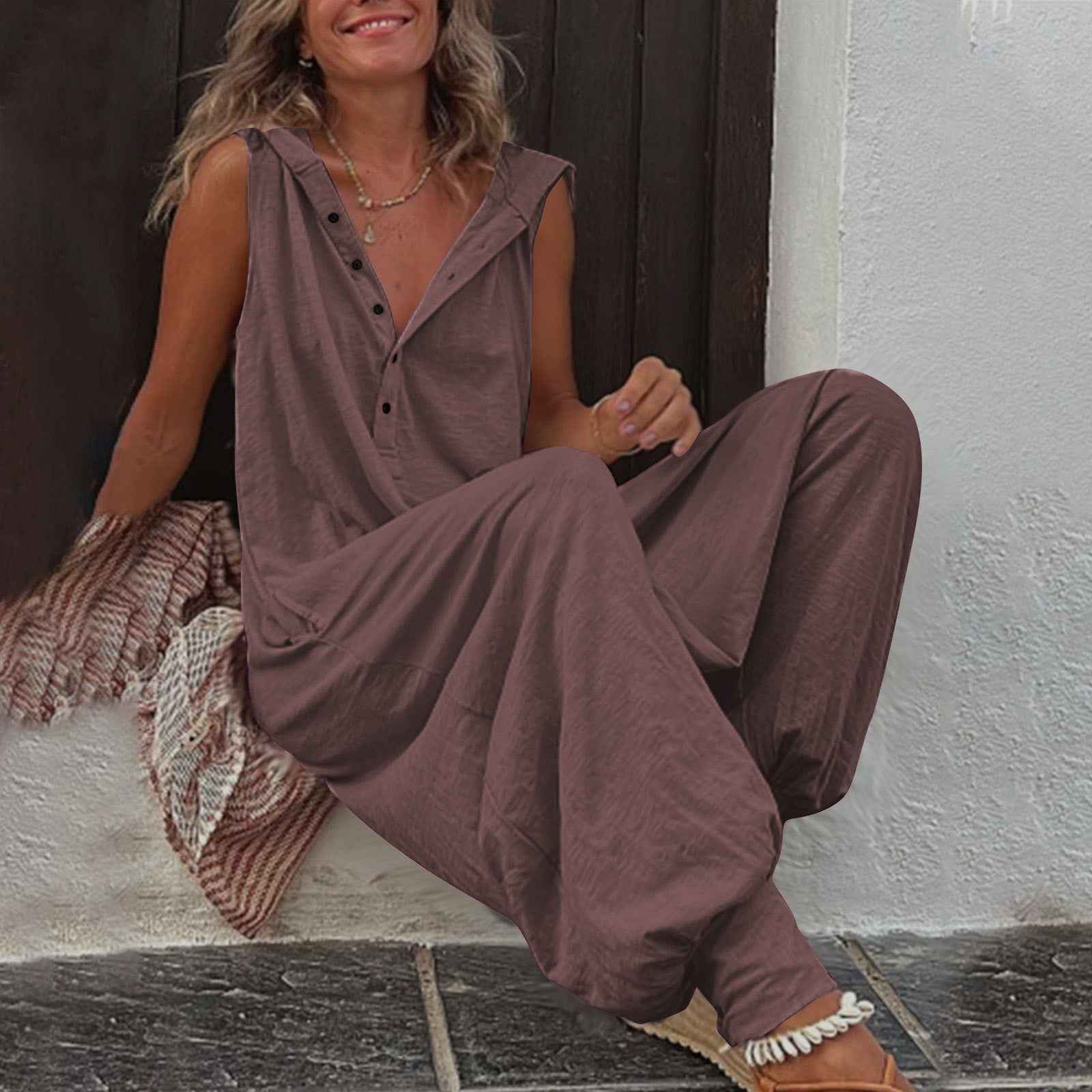 Hot Selling Button Up Hooded Sleeveless Pants In Stock, Jumpsuit With Pockets