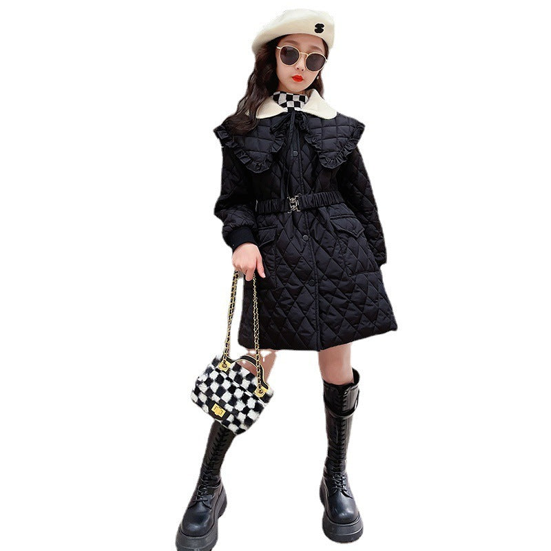 Large Lapel Warm Padded Jacket With Fleece Thick Coat Waist Black - D&A