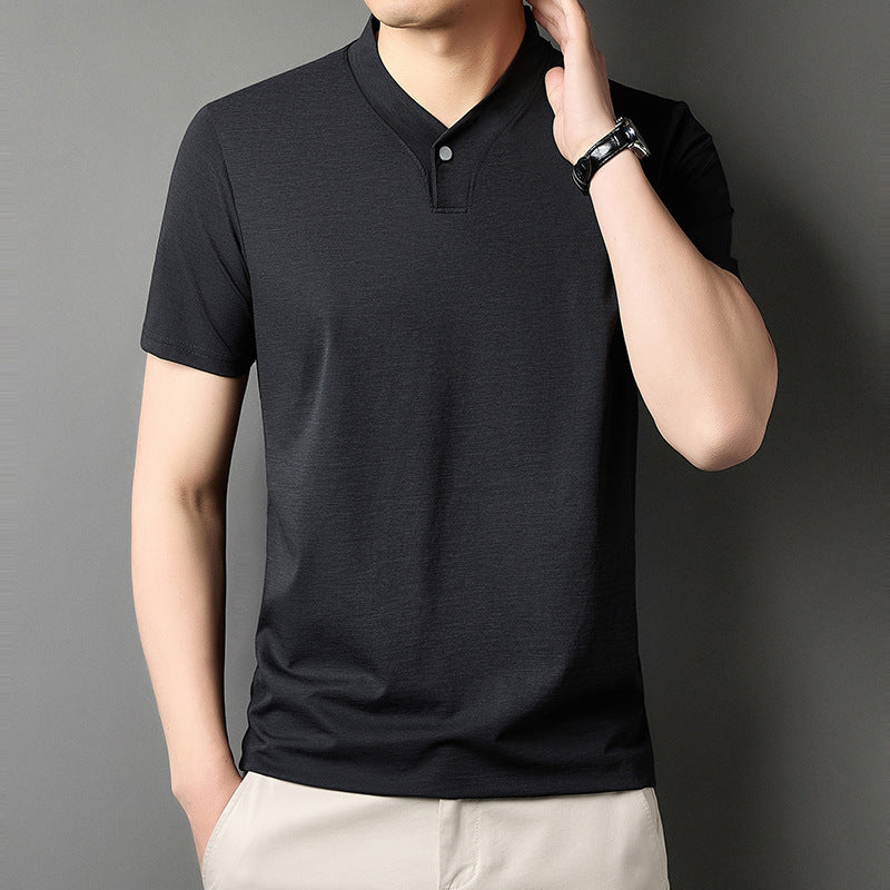 Young Men's Short Sleeve T-shirt Zipper High-grade Casual Summer Wear One Buckle Black - D&A