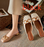 Summer Wear Fashionable Square Toe Korean Style Elegant Flat Heel Ins Slip-on Slippers Black - D&A