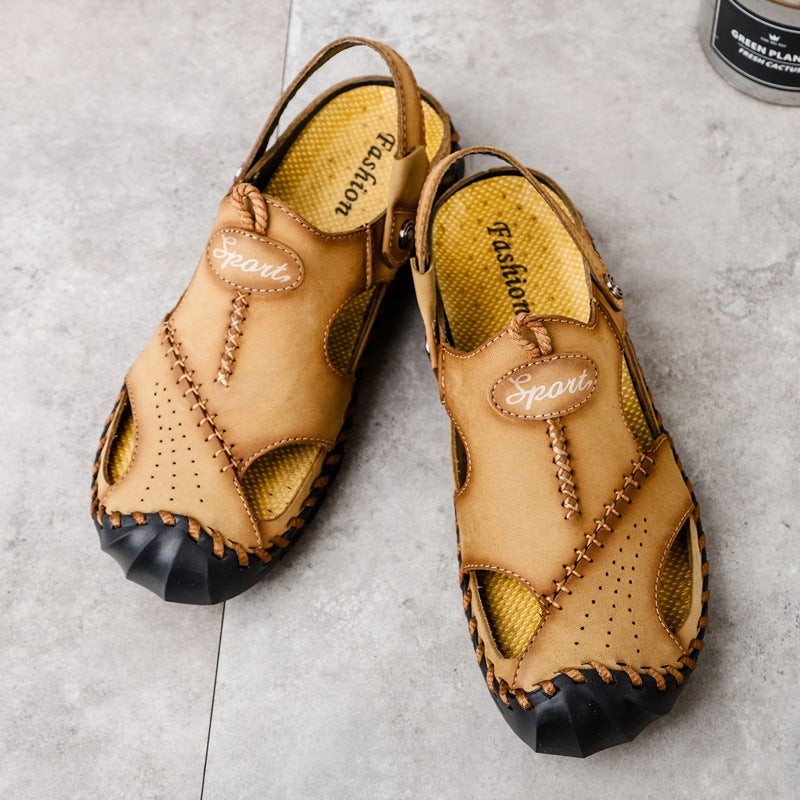 Men's Breathable Casual Hollow Leather Sandals Khaki - D&A