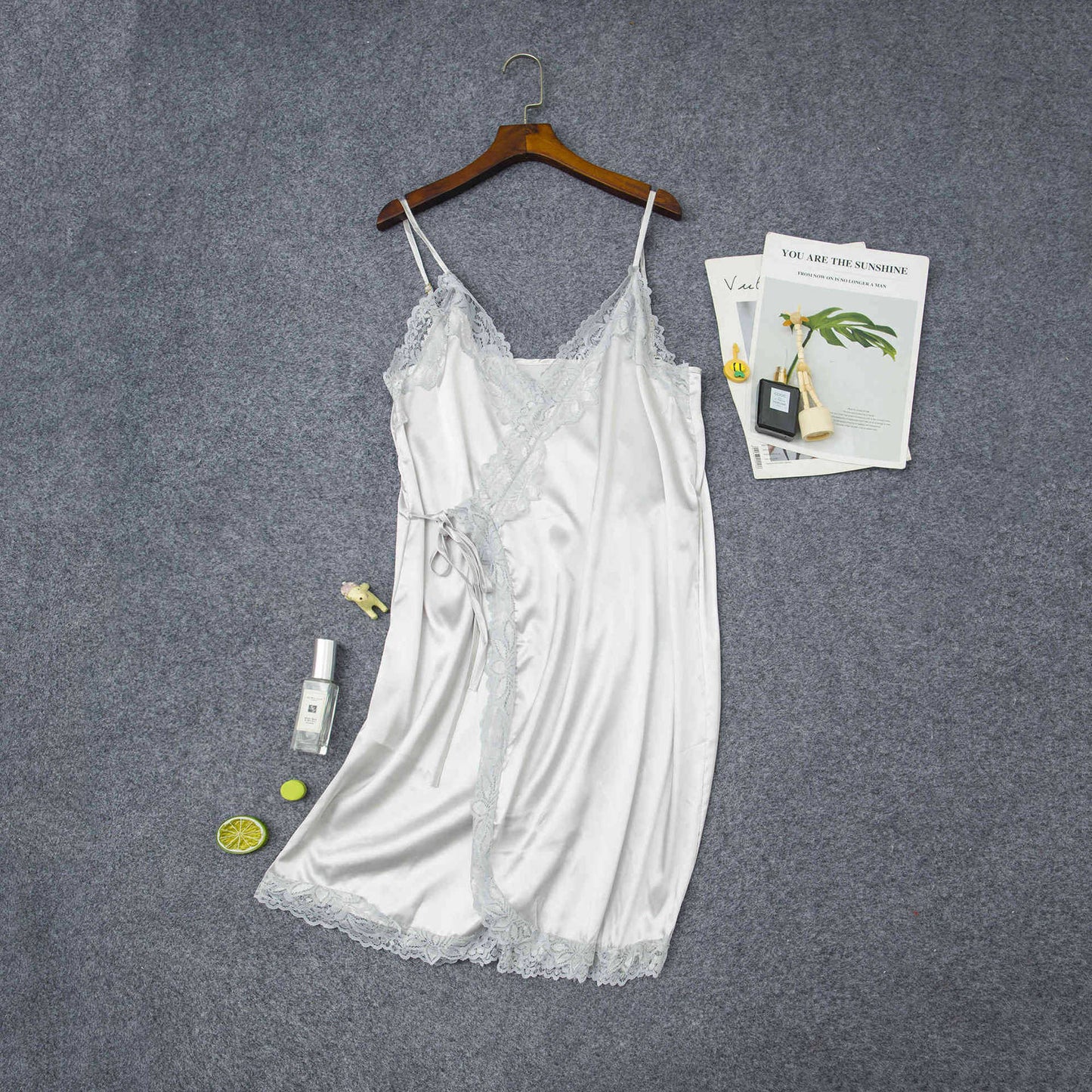 Women's Elastic Satin Nightdress Lingerie Home Pajamas Lingerie Silver - D&A