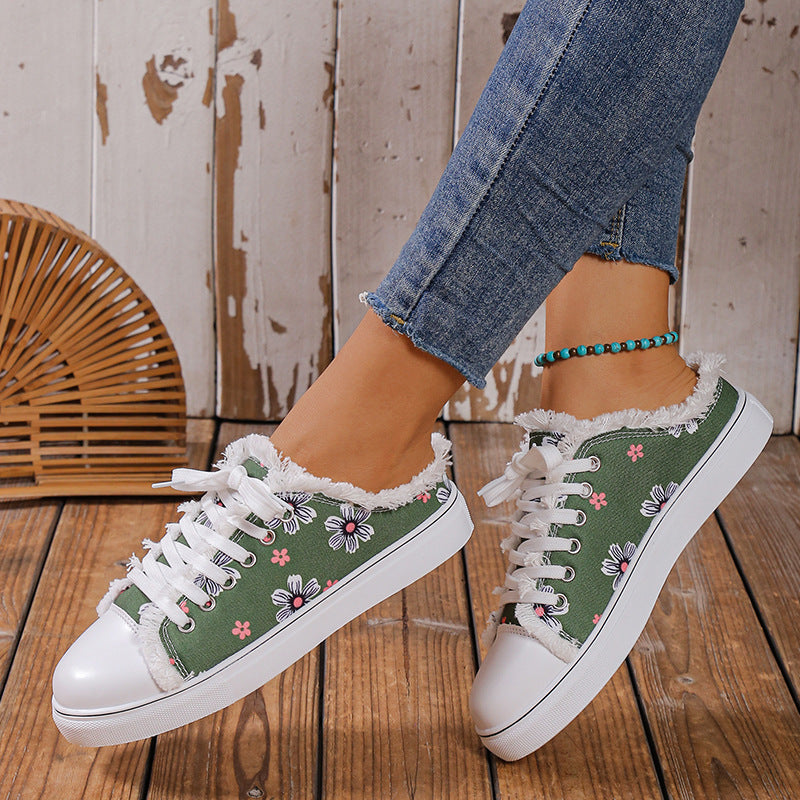 Spring And Autumn New Casual All-match Flat Lace-up Plus Size Low-top Canvas Shoes For Women Green - D&A