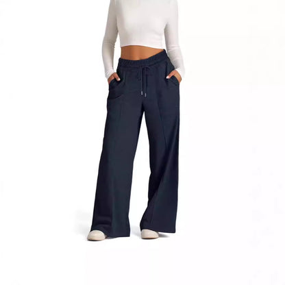 Women's Lace-up Solid Color Waist Tight Fashion Wide-leg Casual Pants - D&A