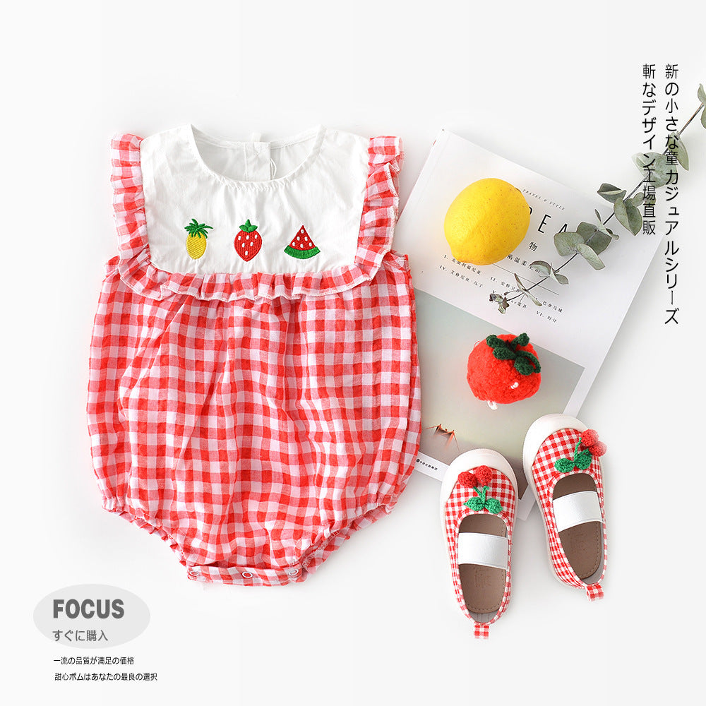 Baby plaid lace sleeves baby triangle romper baby kite clothes - D&A