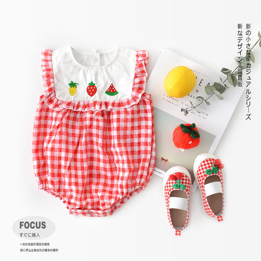 Baby plaid lace sleeves baby triangle romper baby kite clothes - D&A