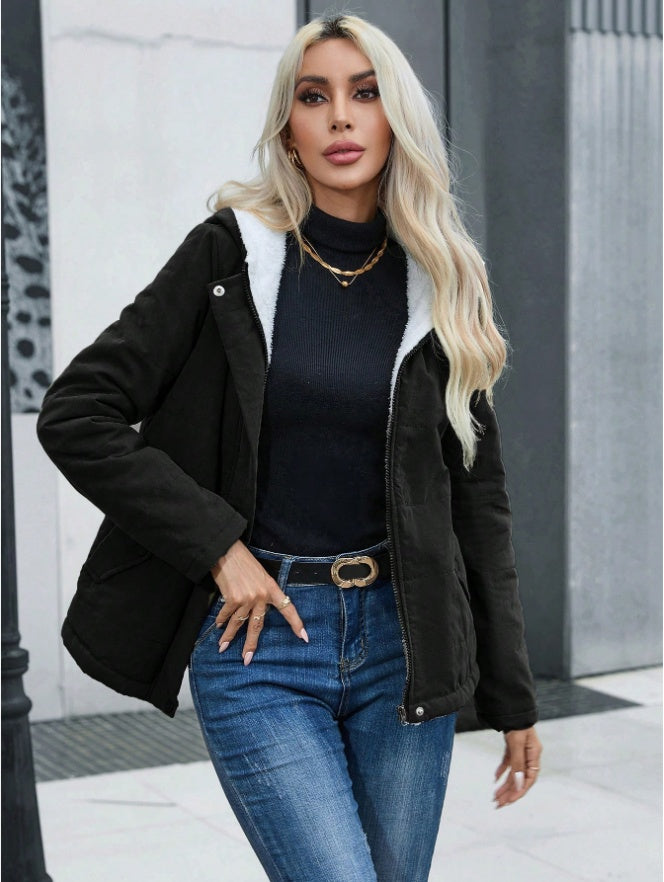 Women's Plain Zipper Front Hooded Fleece Casual Padded Padded Coat - D&A