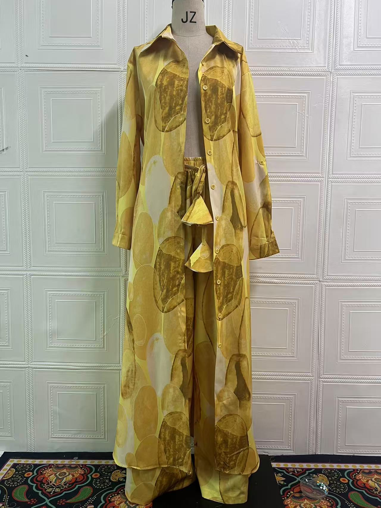 Elegant Sexy Fashion Print Top Wide Leg Pants Two-piece Set Yellow - D&A