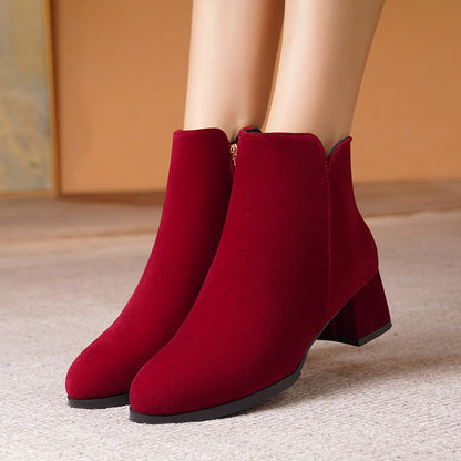 Pointed-toe Frosted Suede Side Zipper Chunky Heel Mid Heel Plus Size Female Boots - D&A
