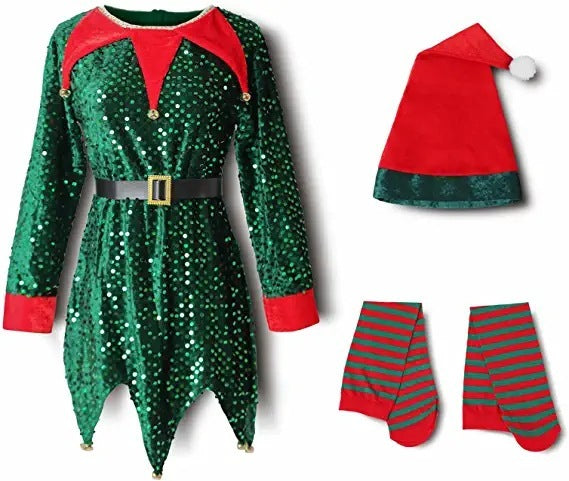 Christmas Kids Clothes Cute Sequin Elf Costumes Green - D&A
