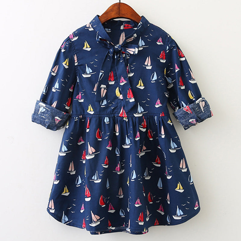 autumn dress, new girl princess dress, full print flower, bow knot long sleeve dress, children's clothing wholesale Navy blue - D&A