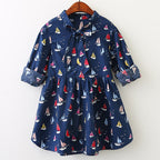 autumn dress, new girl princess dress, full print flower, bow knot long sleeve dress, children's clothing wholesale Navy blue - D&A