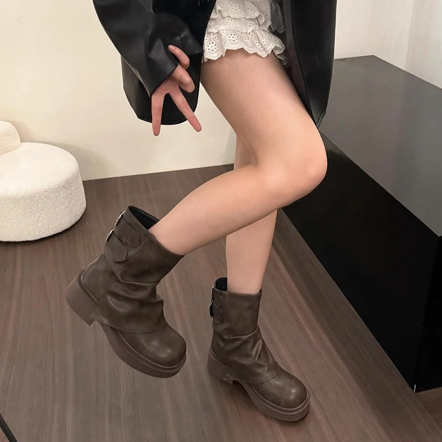 British Street Pleated Sleeve Slugged Bottom Boots - D&A