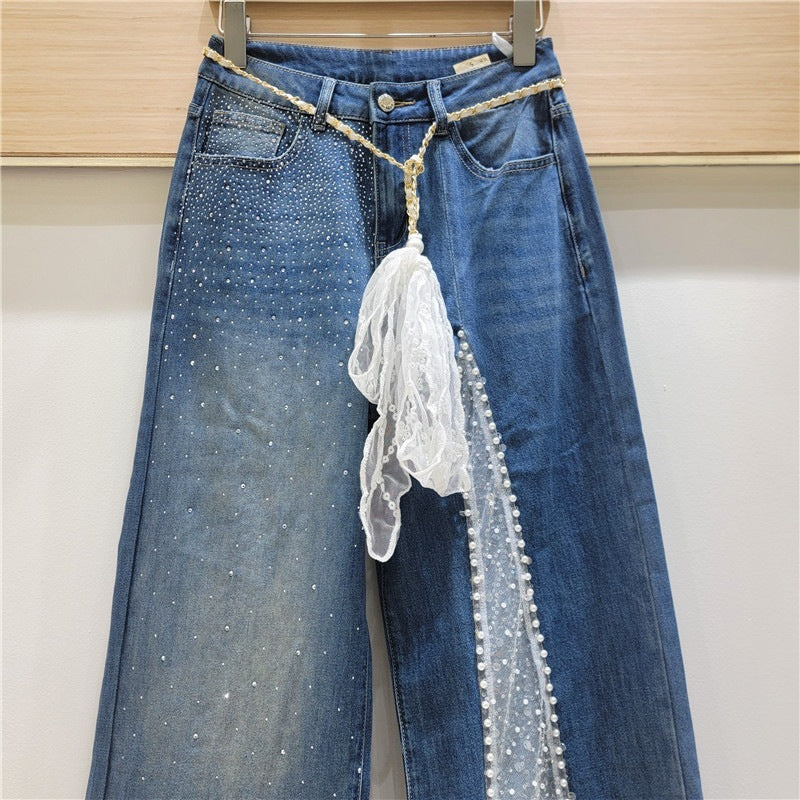Lace Stitching Rhinestone Jeans - D&A