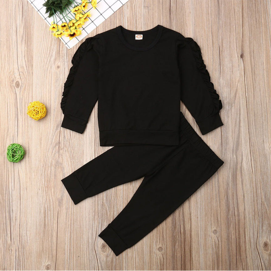 Newborn Baby Boys Girls Ruffles Jumper Solid Long Sleeve Sweatshirt Tops Pants Infant Kids 2Pcs Outfits Clothes Set Fall Clothes Black - D&A