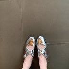 Cross Strap Silver Round Head Women's Shallow Mouth Flat Bottom Leather Shoes - D&A