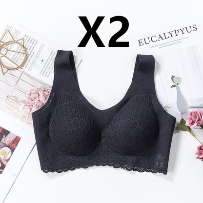 No Steel Ring Bra, Maintenance Latex Lace Bra, Women's Underwear Black 2PCS - D&A