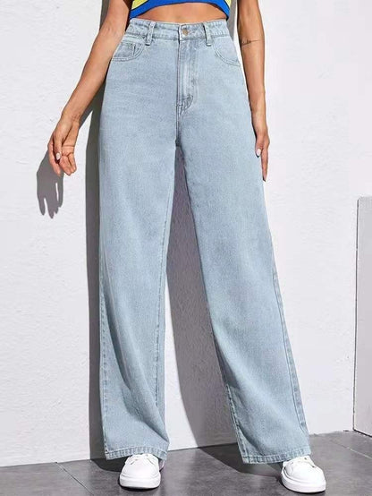 Washed Fashion Straight Jeans Women's Mid Waist 5Color Light Blue - D&A