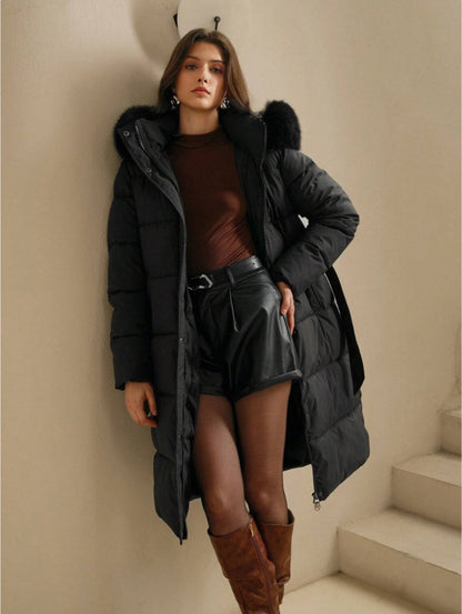 Anewsta Women's Solid Color Long Sleeve Zip Up Hooded Padded Coat With Faux Fur Trim - D&A