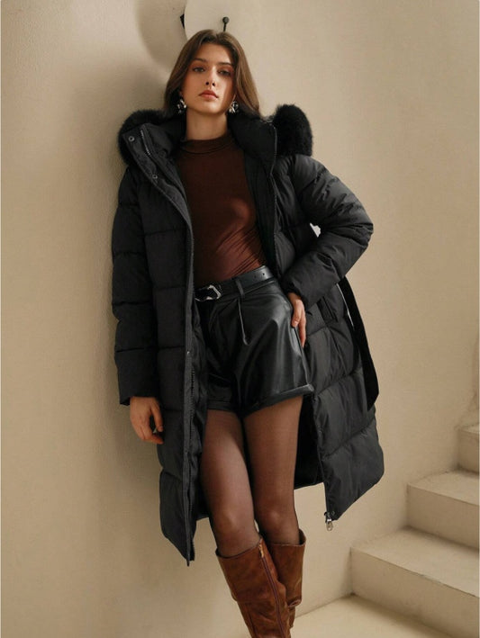 Anewsta Women's Solid Color Long Sleeve Zip Up Hooded Padded Coat With Faux Fur Trim - D&A
