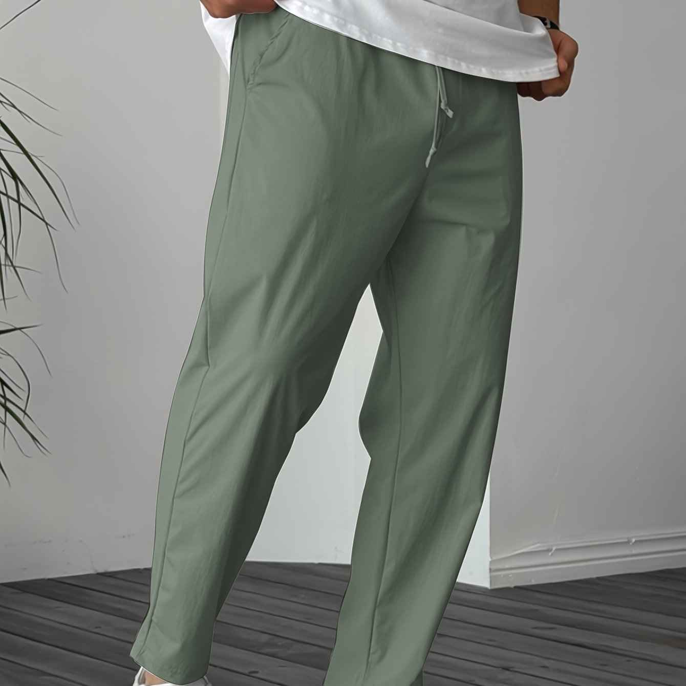 Men's Pure Color Ribbon Pocket Casual Drawstring Trousers OliveGreen - D&A