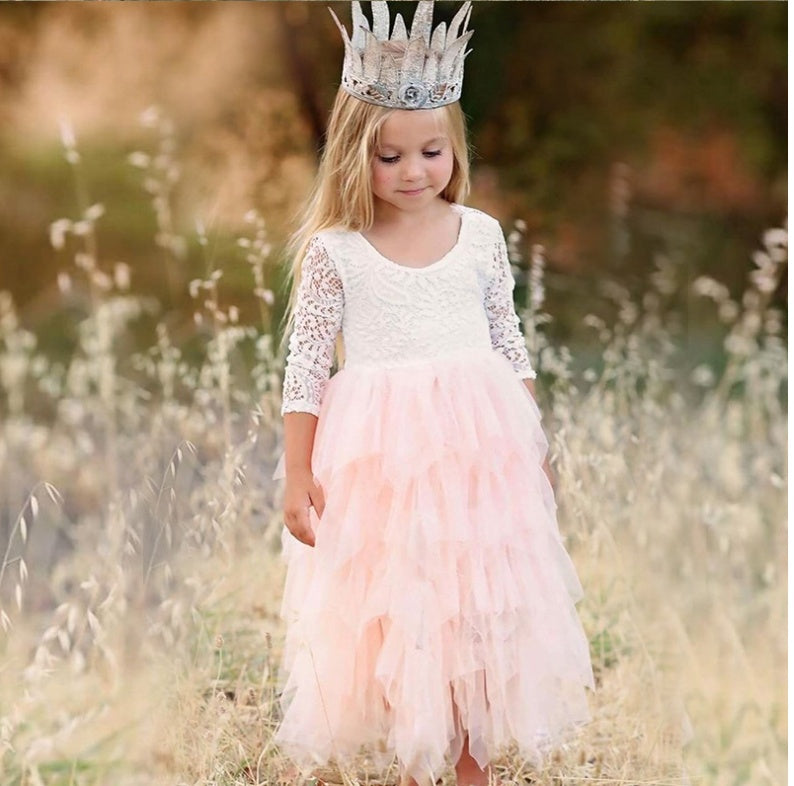 Autumn And Winter Explosions Hollow Children's Skirt Lace Long-sleeved Girls White Princess Dress Irregular Dress - D&A