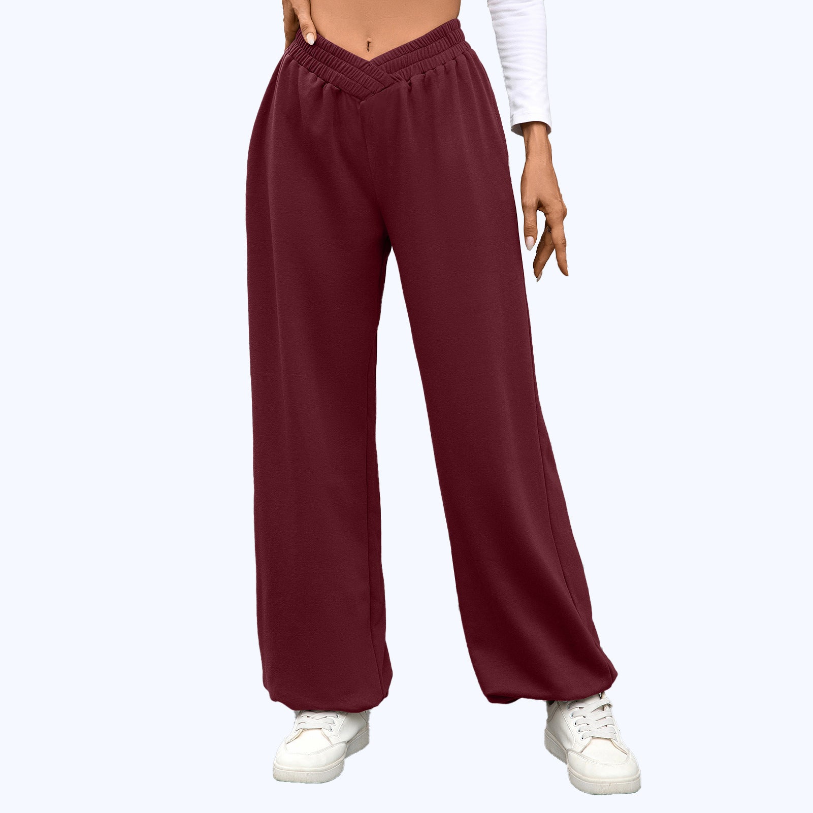 High Waist Pure Color Pocket Ankle-tied Trousers Casual Pants For Women Wine Red - D&A